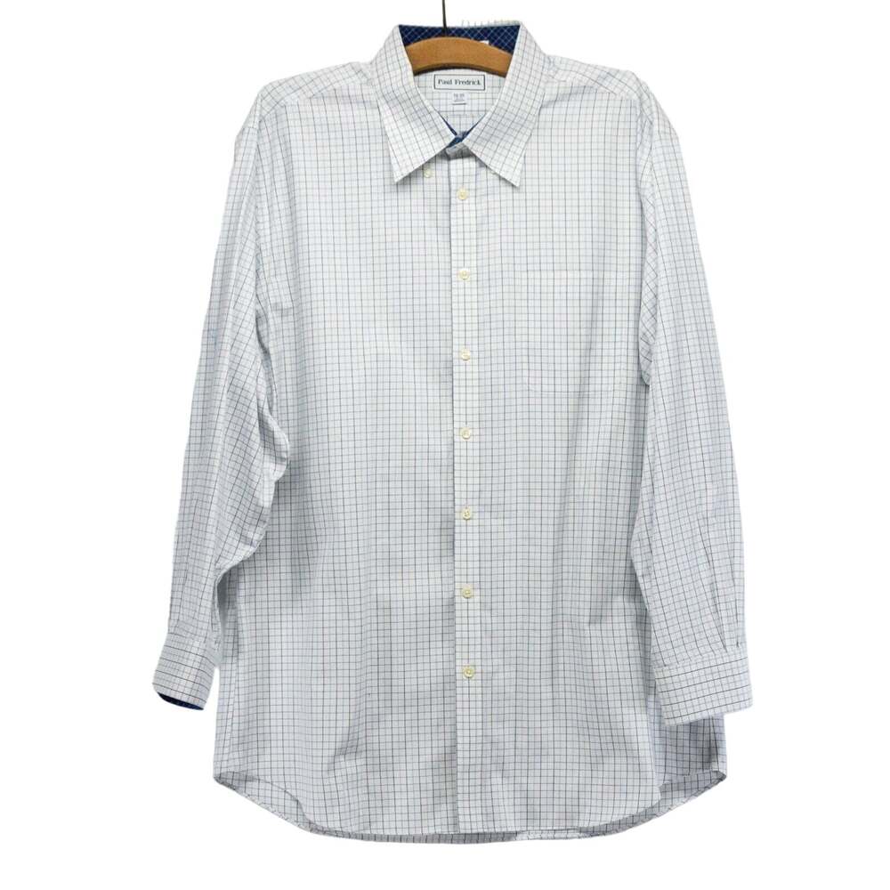 PAUL FREDRICK Classic Mens Dress Shirt 18 35 Slim Fit Checked Blue White Cotton